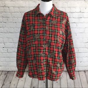 Vintage Flannel Red Plaid Holiday Print Button Up